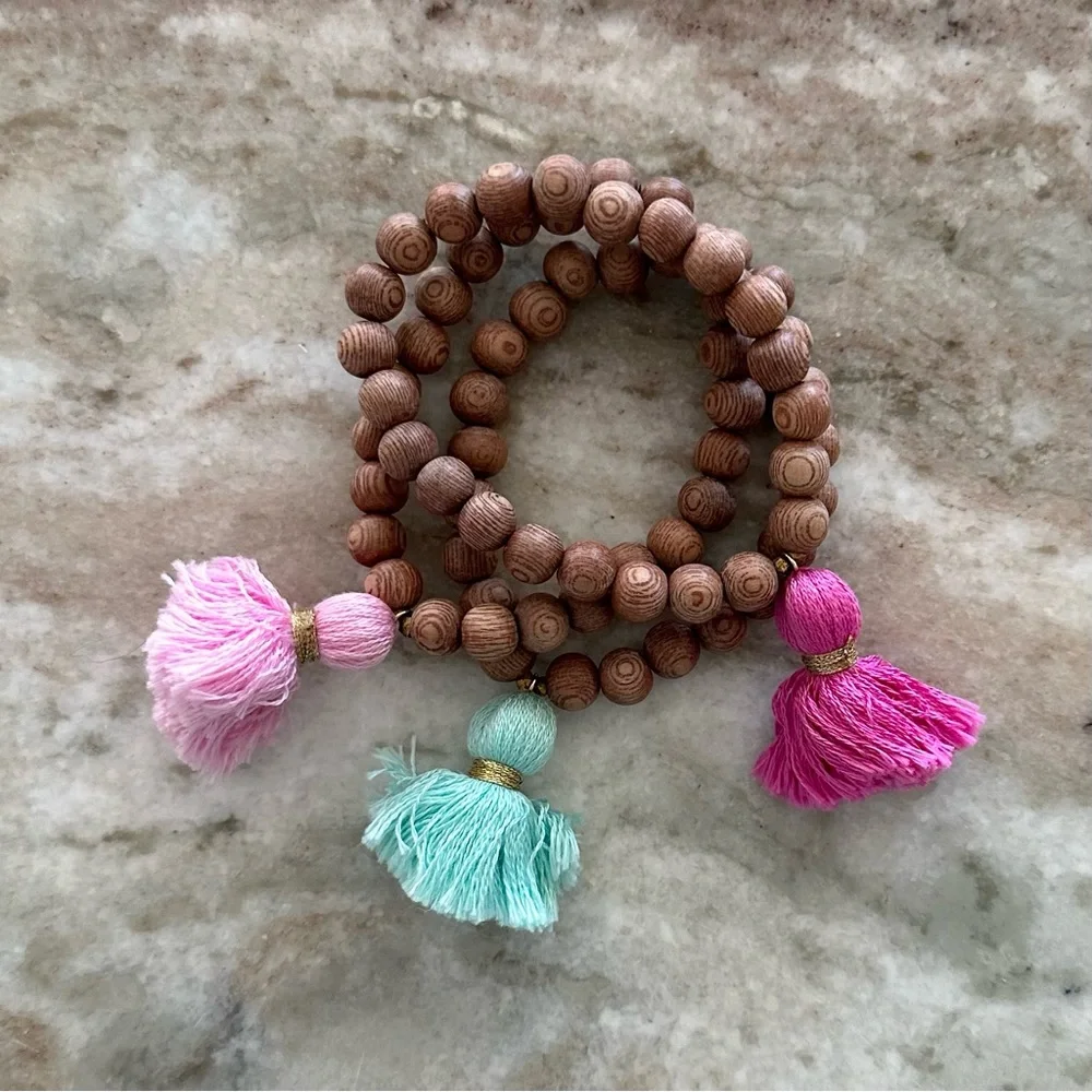 Set of 8 Wood Beaded Colorful Tassel Bracelets - Beach / Boho / Vacation